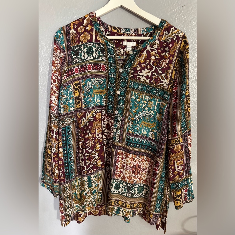 J. Jill Women Medium Long Sleeve Patchwork Eclectic Tunic‎ Shirt Blouse Top Boho